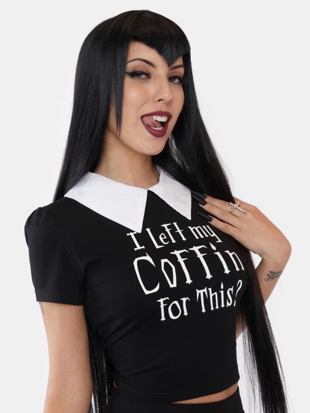 Gothic Black Graphic Crop Top with White Peter Pan Collar